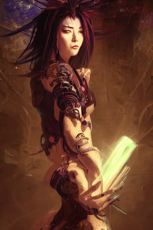 Image similar to beautiful magician and evil and stuunning and mythical female ninja portrait+shiny eyes+light flowing hair, in cyberpunk night ruin tokyo temple, ultradetail face, art and illustration by tian zi and craig mullins and WLOP and alphonse mucha, rim lght, fantasy, intricate complexity, human structure, fantasy world concept, watermark, blurry, hyperrealism 8k