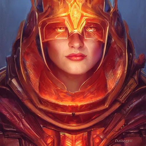 Image similar to the female flame knight, closeup portrait art by donato giancola and greg rutkowski, vintage retro, realistic face, digital art, trending on artstation, symmetry!!