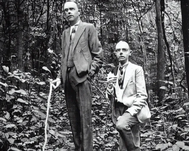 Image similar to close - up of edgar cayce and aldous huxley in a forest, epic colorful hyper detailed award winning photography