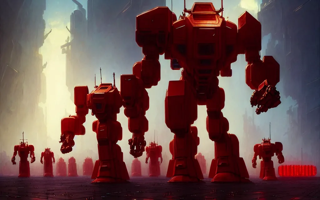 Image similar to a cinematic scene of marching red colossal mechs going to war by moebius and stephan martiniere and dan mumford, trending on artstation, digital art, 4 k resolution, detailed, high quality, sharp focus, hq artwork, insane detail, cinematic, volumetric lighting, dramatic lighting, epic light, cinematic aesthetic