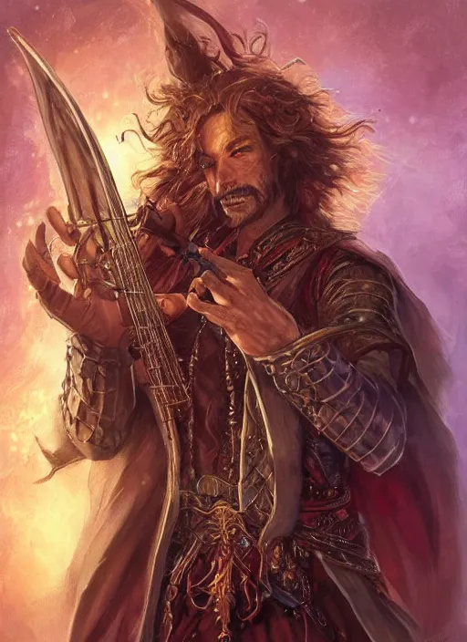 Image similar to bard playing instrument, ultra detailed fantasy, dndbeyond, bright, colourful, realistic, dnd character portrait, full body, pathfinder, pinterest, art by ralph horsley, dnd, rpg, lotr game design fanart by concept art, behance hd, artstation, deviantart, hdr render in unreal engine 5