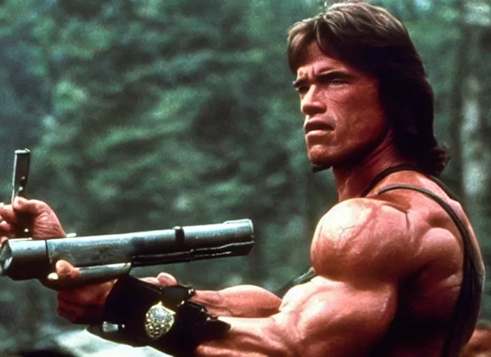 Image similar to arnold schwarzenegger in a still from the movie Rambo (1982)