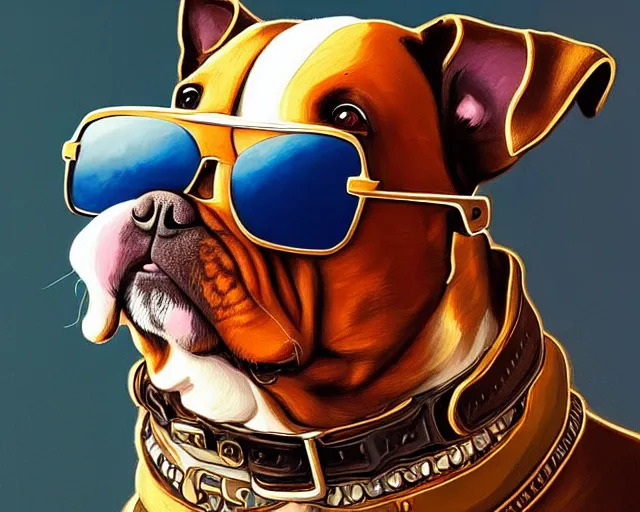 Prompt: a dog wearing sunglasses and a leather jacket, photography of kurzgesagt, deep focus, d & d, fantasy, intricate, elegant, highly detailed, digital painting, artstation, concept art, matte, sharp focus, illustration, hearthstone, art by artgerm and greg rutkowski and alphonse mucha