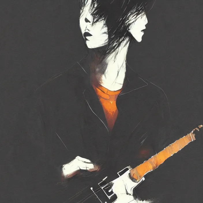 Prompt: a young korean man wearing black t shirt playing electric guitar on dark stage, dramatic lighting and smoke, matte colors, thought provoking, by conrad roset, dramatic painting, trending on artstation