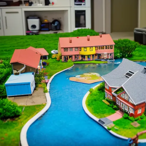 Prompt: diorama of The Simpsons' house, 742 Evergreen Terrace, tilt-shift photography, highly detailed