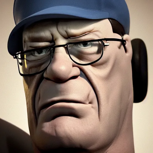 Image similar to hyper realistic, beautiful moody lighting, extreme emotions, caricature, soft, portrait of a very angry Hank Hill, rendered in octane, high quality 3d