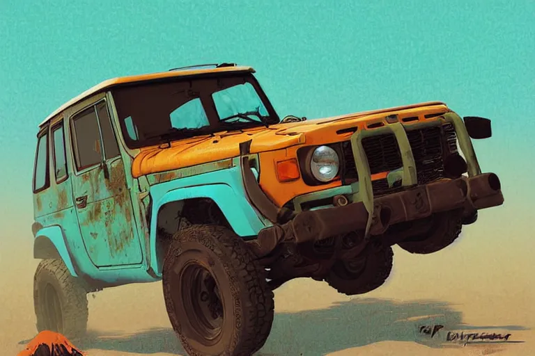 Image similar to digital illustration of a faded cyan mad max's fj 4 0 decrepit!!!! pursuit special, rusty!!! nissan fj cruiser heavily modded 1 9 9 0 s, the last v 8 interceptor by makoto shinkai, ilya kuvshinov, lois van baarle, rossdraws, basquiat