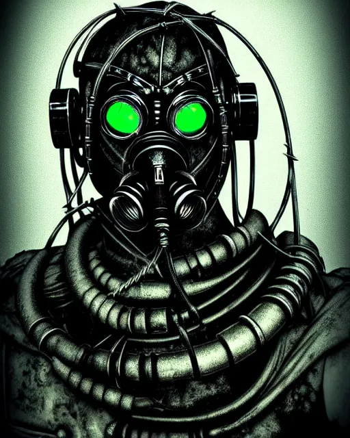 Image similar to portrait of dark haunted atomospheric detailed cyberpunk demon soldier with mechanical wires wearing cyberpunk gas mask from the netherealm smoke mist vapor foggy enviorment from by hr giger