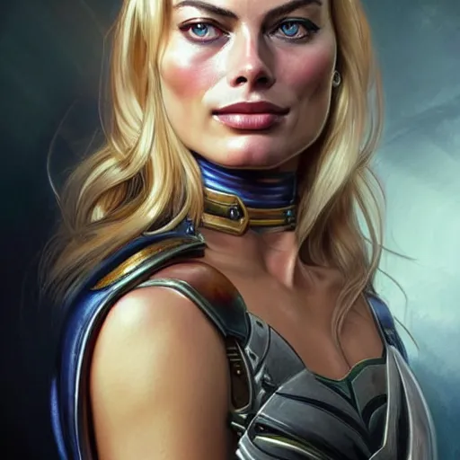 Image similar to Margot Robbie's face combined with Jennifer Anniston's face as a Space Marine, western, D&D, fantasy, intricate, elegant, highly detailed, digital painting, artstation, concept art, matte, sharp focus, illustration, art by Artgerm and Greg Rutkowski and Alphonse Mucha