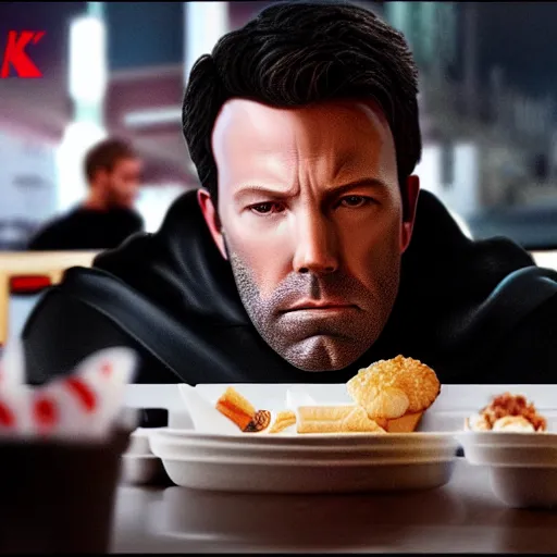 Image similar to Hyper-realistic photo of Ben Affleck's Batman eating at KFC. Extremely detailed. Beautiful. 4K. Award-winning