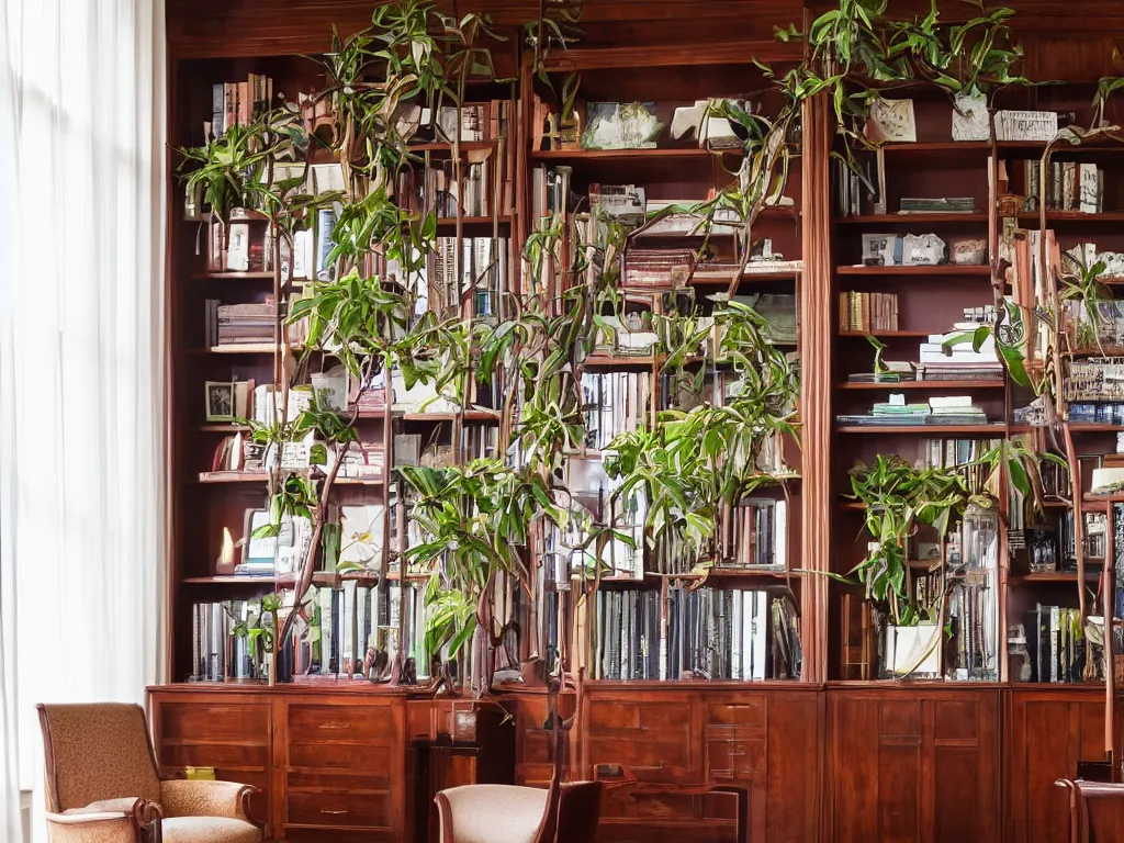 Image similar to A beautiful office room with mahogany bookcases and many beautiful plants and sunset light coming through the windows