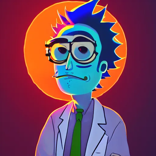 Prompt: portrait art illustration of rick sanchez from rick and morty, lab coat and tee shirt, lens flare, atmosphere, glow, detailed, intricate, full of colour, cinematic lighting, 4 k, hyperrealistic, focused, extreme details, cinematic, masterpiece