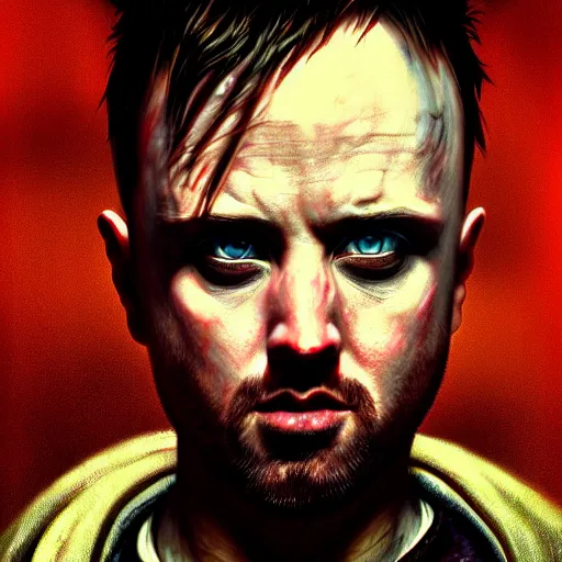 Image similar to Jesse Pinkman, zombie killer, butcher, portrait, fantasy, beautiful face, medieval, vivid colors, elegant, concept art, sharp focus, digital art, Hyper-realistic, 4K, Unreal Engine, Highly Detailed, HD, Dramatic Lighting by Brom, trending on Artstation