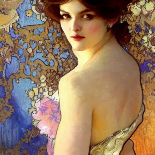 Prompt: intricately detailed portrait of a beautiful woman by gil elvgen, greg manchess, mucha