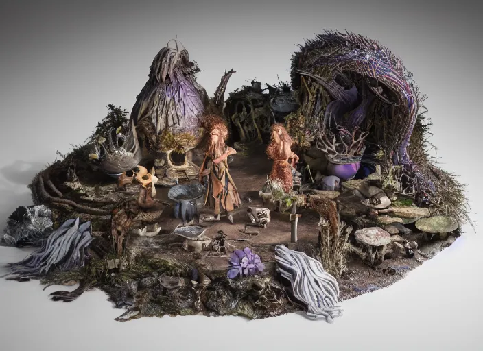 Image similar to detailed studio photography of a fantasy claymation diorama of the dark crystal, zeiss lens, detailed, by erwin olaf, joop geesink, wes anderson, jim henson, brian froud, breathtaking, 8 k resolution, beautiful lighting, studio light, extremely detailed, beautiful, establishing shot, realistic materials, weta digital fx manuka, unreal engine, hyperrealistic