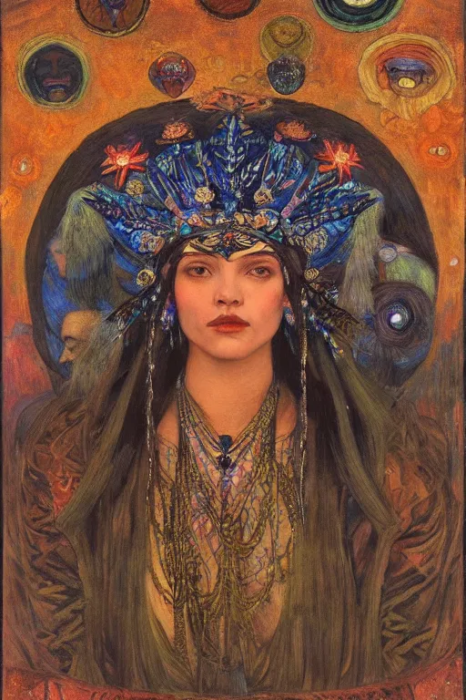 Image similar to queen of night with stars in her hair, by Annie Swynnerton, and Nicholas Roerich and Tino Rodriguez and Diego Rivera , elaborate headdress and embroidered velvet, iridescent beetles, rich color, dramatic cinematic lighting, extremely detailed