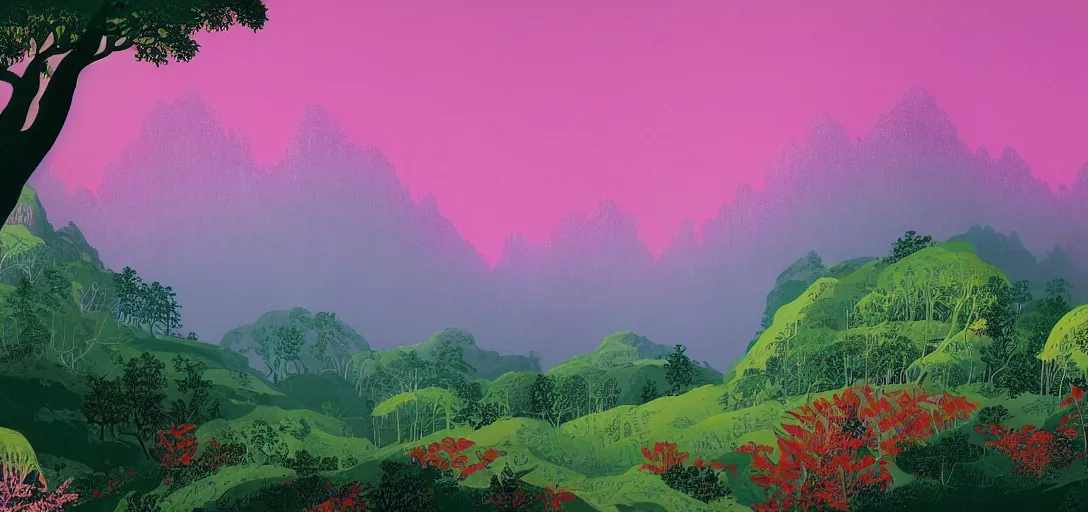 Image similar to a forested landscape, large hanging tree canopies, pink light on the horizon, mountains, vast foliage by eyvind earle, highly detailed, volumetric lighting