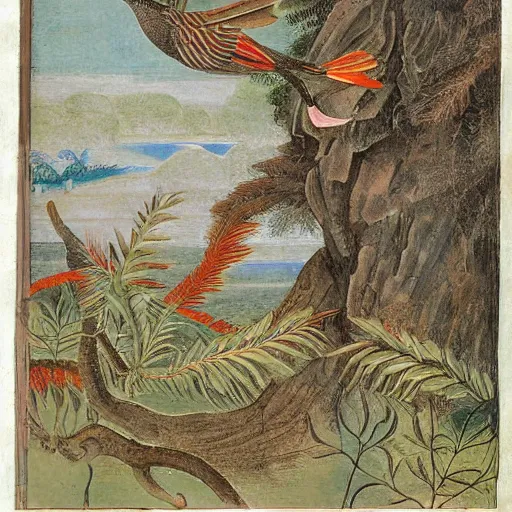 Image similar to A beautiful digital art of a bird in its natural habitat. The bird is shown in great detail, with its colorful plumage and intricate patterns. The background is a simple but detailed landscape, with trees, bushes, and a river. in Indonesia, voynich manuscript by William Henry Hunt turbulent, ornate