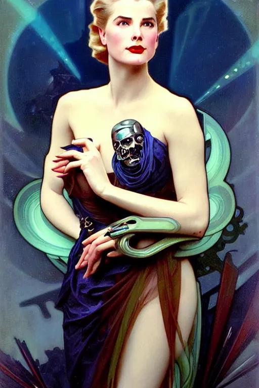 Image similar to young and beautiful evil cyborg grace kelly by steichen in the style of tom bagshaw, alphonse mucha, gaston bussiere, cyberpunk. anatomically correct elegant cybernetic body mods. extremely lush detail. masterpiece. melancholic scene infected by night. perfect composition and lighting. sharp focus. high contrast lush surrealistic photorealism. sultry evil plan.