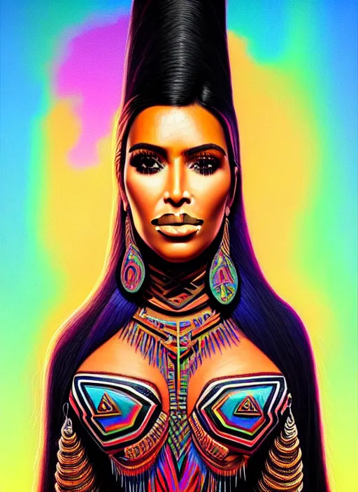 Image similar to portrait of kim kardashian, hyper detailed ultra sharp aztec shaman warrior. trending on artstation, warpaint aesthetic, bloodwave, colorful, psychedelic, ornate, intricate, digital painting, concept art, smooth, sharp focus, illustration, art by artgerm and greg rutkowski and h. r. giger, 8 k