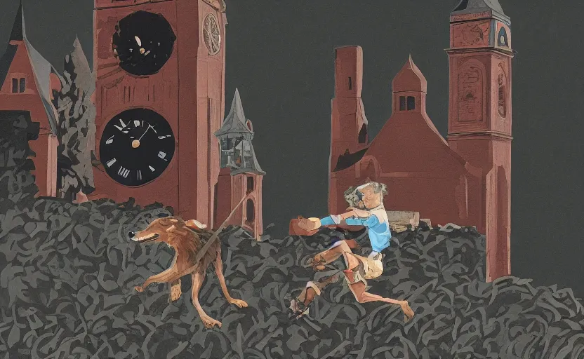 Image similar to a boy fighting a wolf on the edge of a clocktower, digital gouache, print