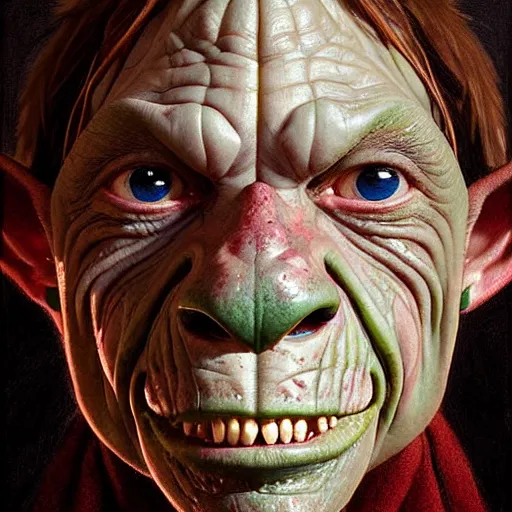 Image similar to Facial portrait handsome goblin, looking at the camera, slight awkward smile, lips slightly parted, no hands visible, blushing, intricate, extremely detailed painting by Greg Rutkowski and by Henry Justice Ford and by Steve Henderson