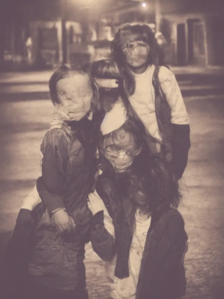 Image similar to two kids posing for a picture at night, dark, backlighting, small village, town square, old color polaroid