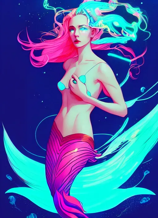 Prompt: style artgerm, joshua middleton, illustration, mermaid wearing neon clothing, blue hair, swirling water cosmos, fantasy, dnd, cinematic lighting