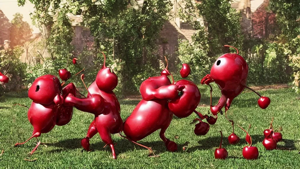 Image similar to anthropomorphic cherries fighting in a backyard, film still from the movie directed by Denis Villeneuve with art direction by Salvador Dalí, wide lens