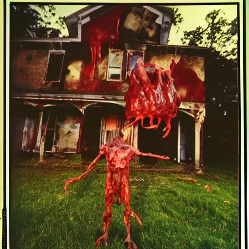 Image similar to 1 9 9 3, disposable camera, flash, old abandoned house, mutant creature standing, meat, ooze, slime, veins, wet