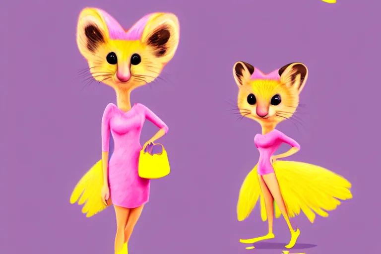 Prompt: detailed flat 2 d : female marten character : wearing jewelry : wearing a showgirl pink dress : wearing yellow hat : head torso legs feet : lorax movie : artstation
