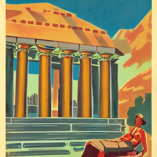 Prompt: 1940s travel poster illustration of Herod's Temple