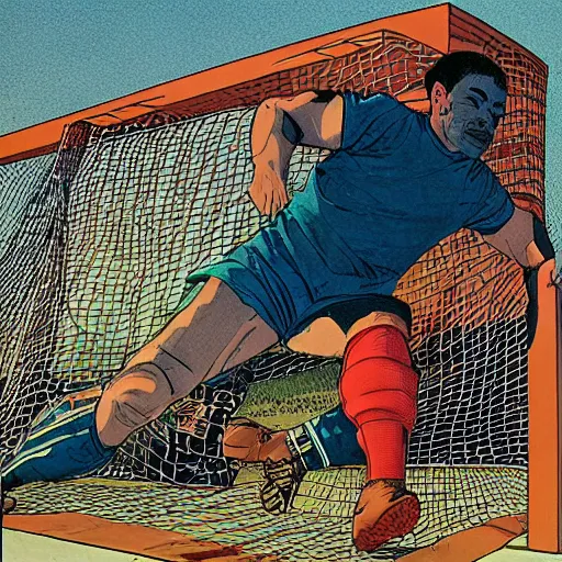 Image similar to a man laying on his back, a soccer goal behind him, a soccer in the net. Epic portrait by james gurney and mœbius.