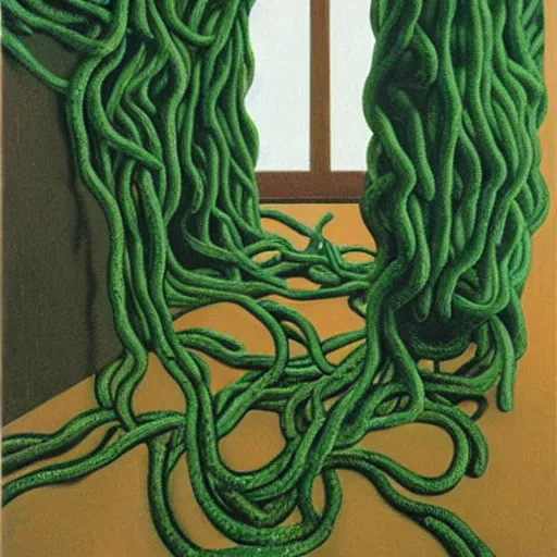 Prompt: portrait an artist in her apartment, wrapped in vines, black walls, puddles, moss, stone, acrylic on canvas, by magritte