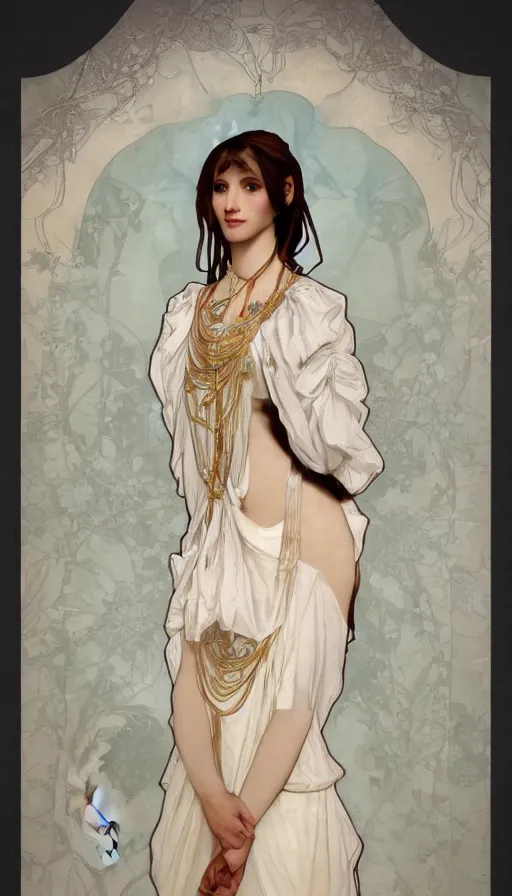 Image similar to elegant, skinny cute girl portrait with open chest white ancient clothes by Alphonse Mucha, and Octane Render