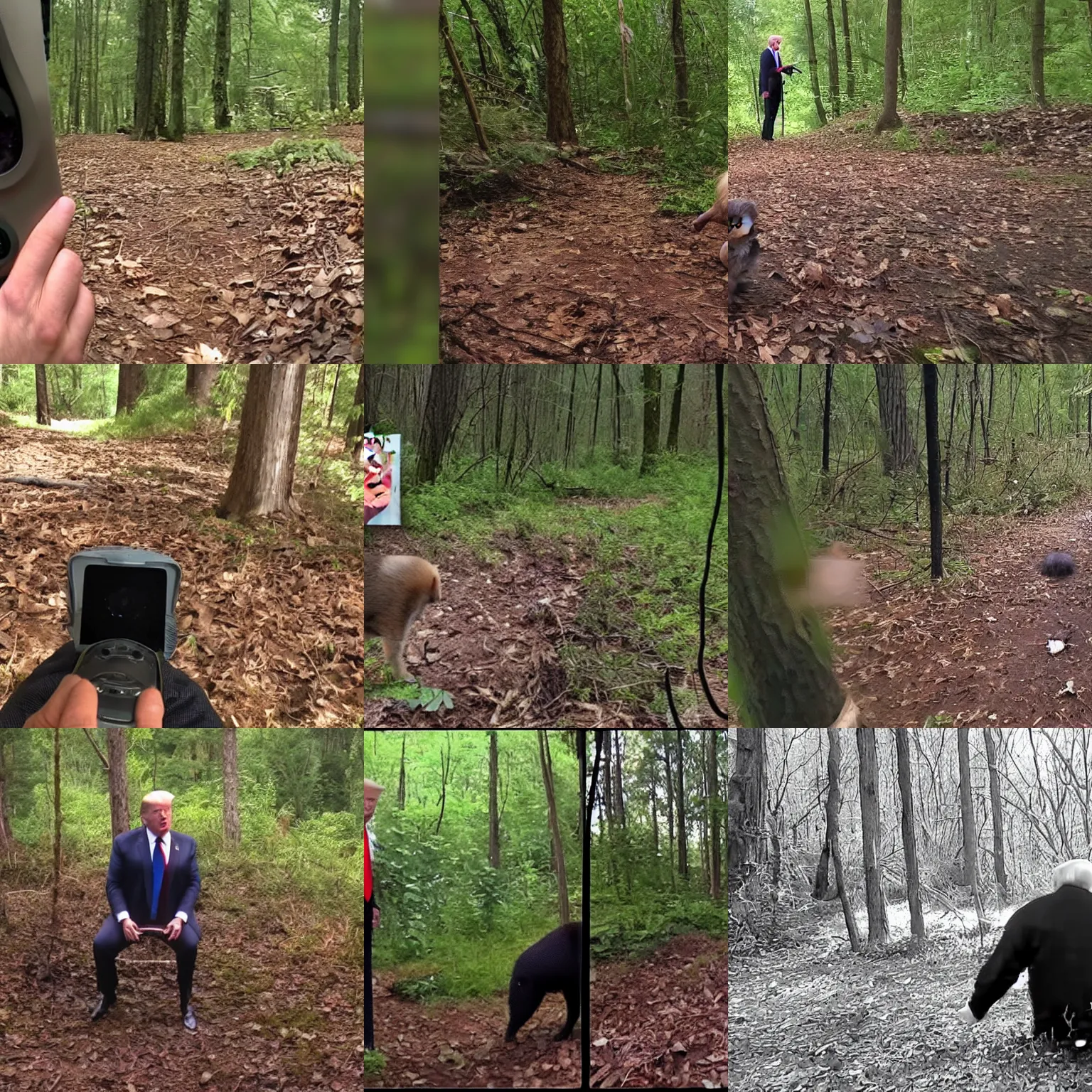Prompt: Trail cam footage catching Donald Trump pooping in the forest