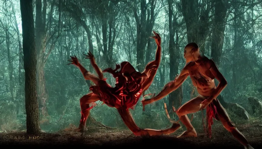 Image similar to screen shot of baraka, ambient lighting, cinematic, epic, demonic dance, chanting, forest