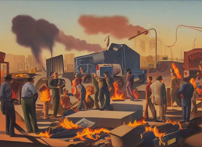 Image similar to people standing around a burning dumpster, an american scene painting by thomas hart benton, austin briggs, john philip falter, cg society, dystopian art, american realism, academic art