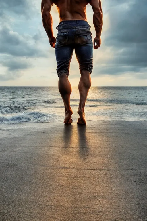 Image similar to a very muscular and defined man wearing ripped pants and shirt looking to the sea at sunset, godrays, complementary colors, natural lighting, portait image, path tracing, serene landscape, high quality, highly detailed, 8K, soft colors, warm colors, turbulent sea, high coherence, anatomically correct, hyperrealistic, concept art, defined face, five fingers