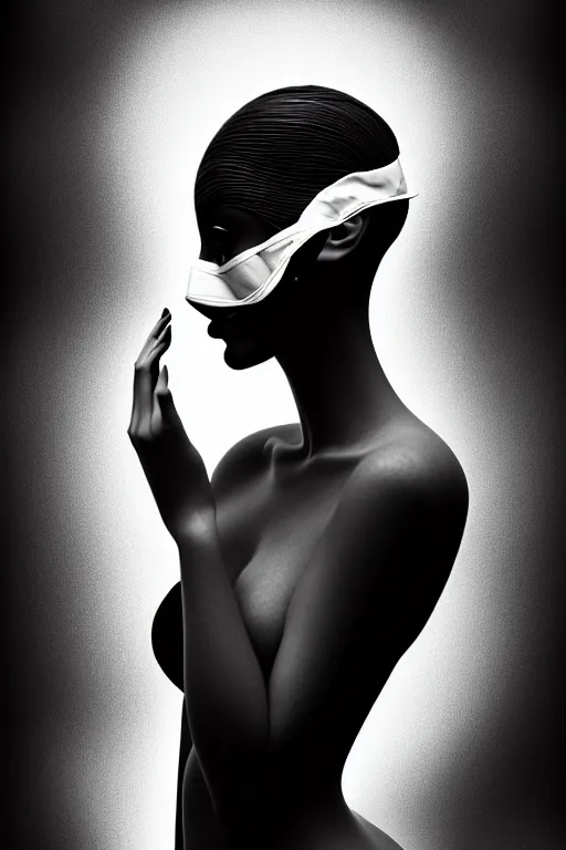 Prompt: portrait of a young beautiful woman with a mask. contemporary photograph, speed painting, fractal, mandelbulb. black and white, black on black. intricate, elegant, super highly detailed, professional digital painting, concept art, smooth, sharp focus, no blur, no dof, extreme illustration, Unreal Engine 5, Photorealism, HD quality, 8k resolution, 3D, beautiful, cinematic, art