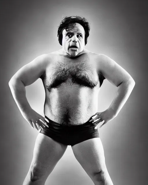 Image similar to portrait of danny devito as a wwe professional wrestler. photographic, photography