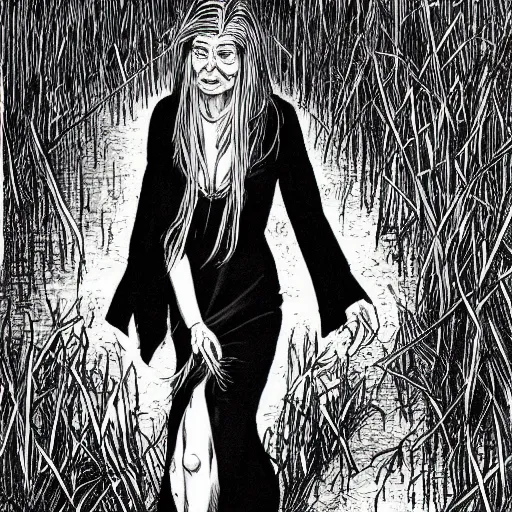 Image similar to tall slender woman with long grey hair in a black dress walking out of a swamp, highly detailed, digitally painting, elaborate, by ec comics,