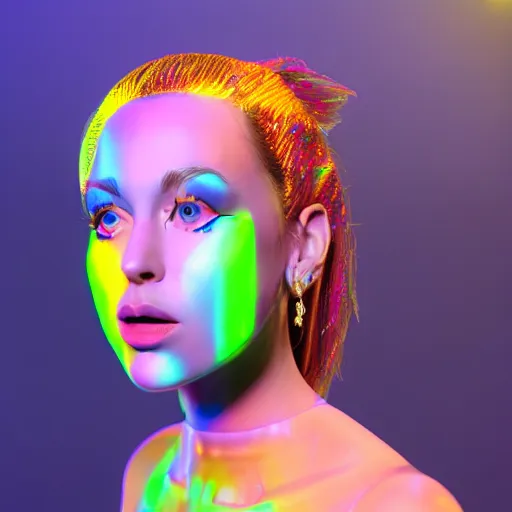 Prompt: A head and shoulders portrait of a Prismatic Spectrum Cosmic Magical Girl from the Rainbow Sky Paradise playing Dance Dance Revolution at Eurovision and Tomorrowland, full round face, beautiful piercing symmetric eyes, slight smirk, medium shot, lit by flashing pixel light, ambient occlusion, DAZ, cinematic lighting, 3D render, glowing neon, unreal engine 5