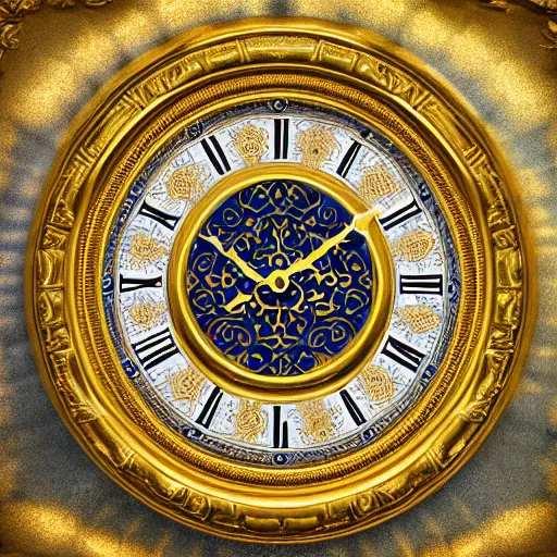 Image similar to an ornate golden wall clock in blue room, digital art, highly detailed, high contrast, beautiful lighting, award winning, trending on art station, photorealistic, 8 k,