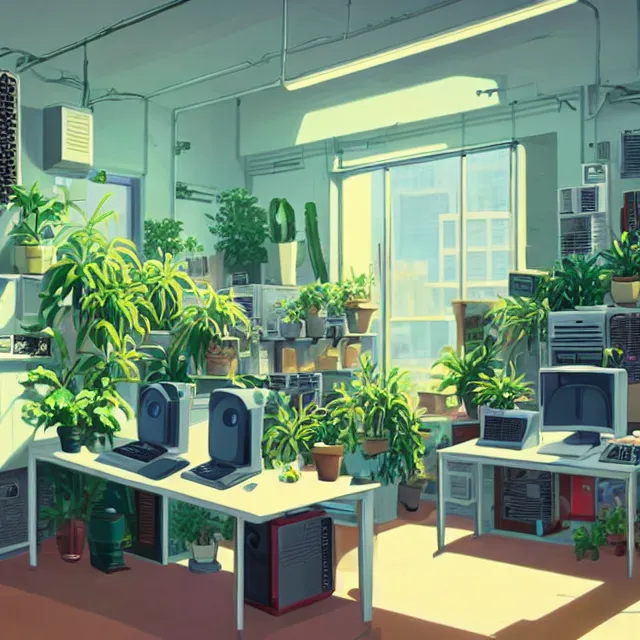 Prompt: an interior room with old pc computers stacked on the walls with potted plants and cacti, makoto shinkai