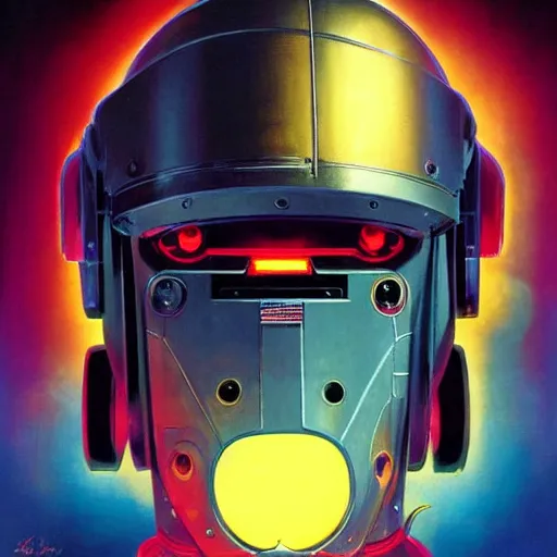 Image similar to a dark and colorful close - up side profile portrait of a sci - fi mecha robot with led lights glowing fog in the background. highly detailed science fiction painting by norman rockwell, frank frazetta, and syd mead. rich colors, high contrast, gloomy atmosphere, dark background. trending on artstation