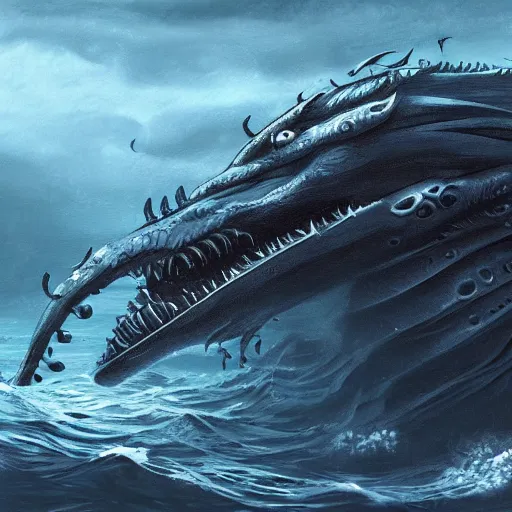 Image similar to sea monster looks like ship, deep dark sea, marine animal, highly detailed, digital painting, smooth, sharp focus, illustration, artstation