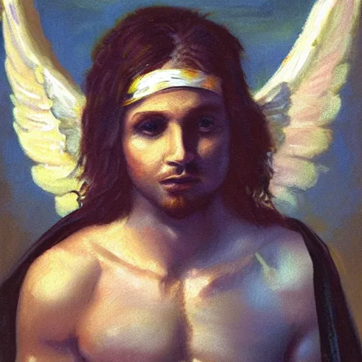 Prompt: sad clothed male angel. SFW. Toga. oil painting. masterpiece.