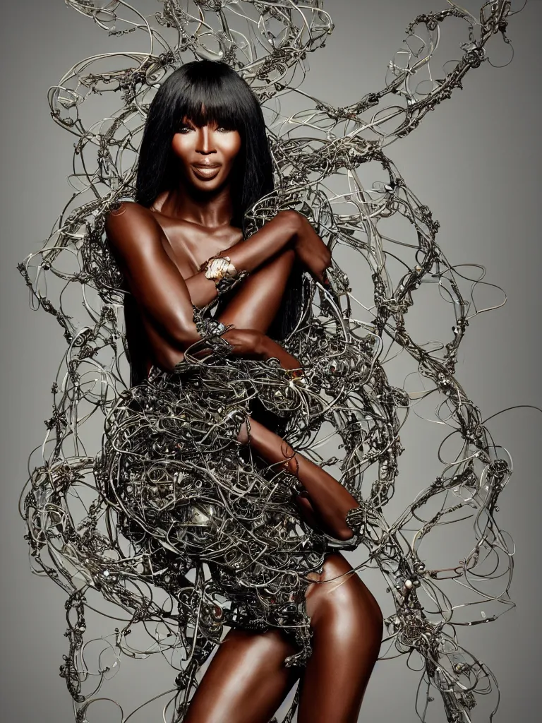 Image similar to a centered render of naomi campbell surrounded by intertwining bio - mech tendrils made of machine and robot parts with gemstones and leaves and feathers and incense smoke flowing around, full body, gorgeous face, perfect face, powerful, by james jean, by ross tran, 3 d, trending on artstation, octane render, 8 k