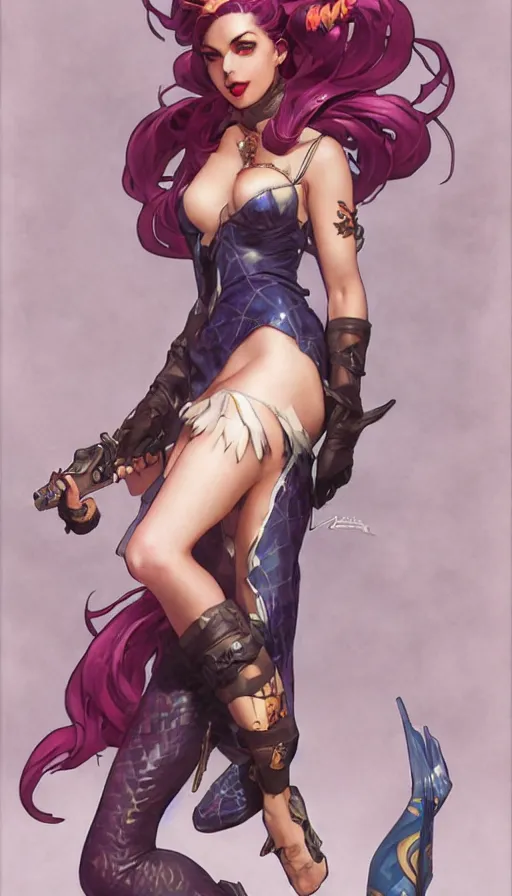 Image similar to jinx from league of legends in a pinup pose by artgerm, greg rutkowski and alphonse mucha, concept art, matte, intricate, full body, epic composition